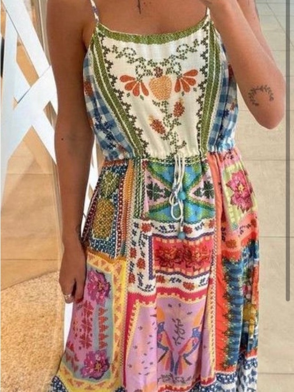 FARM Rio Multicolor Patchwork Midi Dress in Green, Pink, Orange, Blue